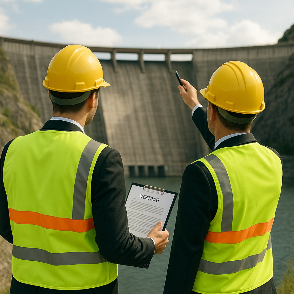 Zwei Anwälte in Leuchtwesten vor einem Staudamm besprechen einen Energieliefervertrag